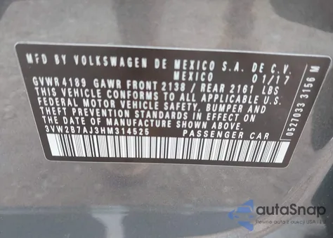 2017 Volkswagen Jetta 1.4T S z USA, uszkodzony, nr VIN 3VW2B7AJ3HM314525